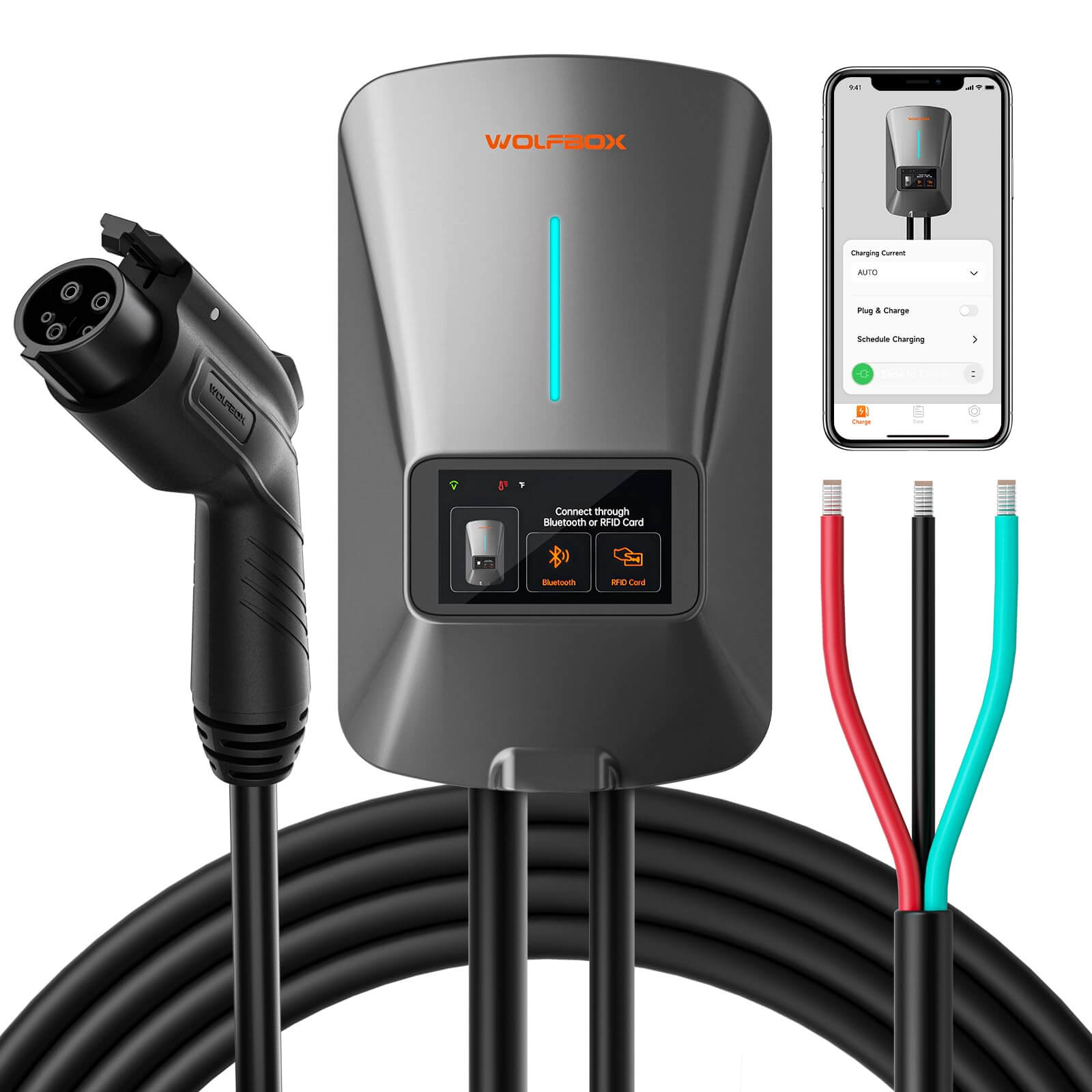 WOLFBOX Level 2 EV Charger with WiFi and Bluetooth  WOLFBOX 25ft hardwire  